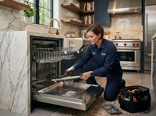 Appliance Repair Hero technician servicing a built-in dishwasher in a Bloomfield, NM kitchen