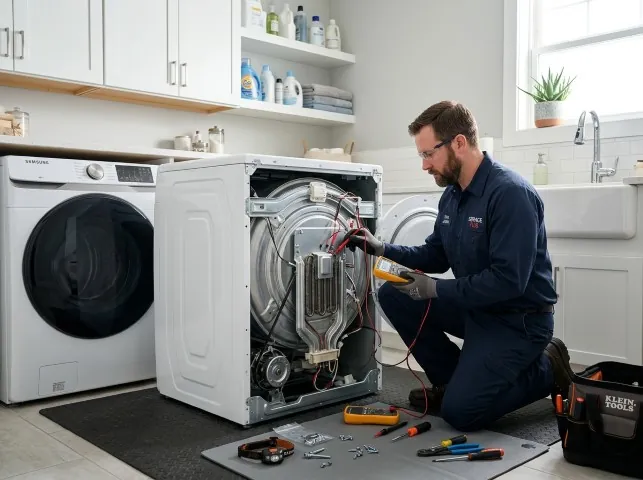 Appliance Repair Hero technician checking a dryer heating element with the rear panel off in Bloomfield, NM