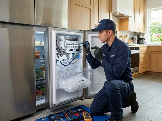Appliance Repair Hero technician repairing a refrigerator ice maker in Bloomfield, NM
