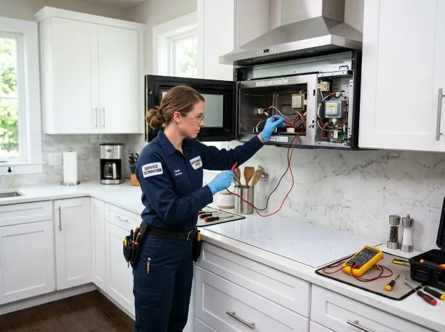 Appliance Repair Hero technician testing an over-the-range microwave in a Bloomfield, NM kitchen