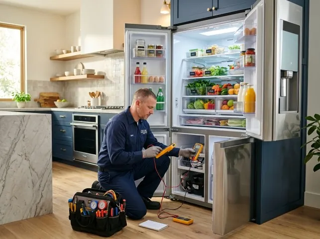 Appliance Repair Hero refrigerator technician testing a fridge on a Bloomfield, NM service call