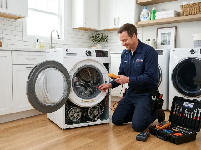 Appliance Repair Hero technician testing a front-load washer with a multimeter on a Bloomfield, NM service call